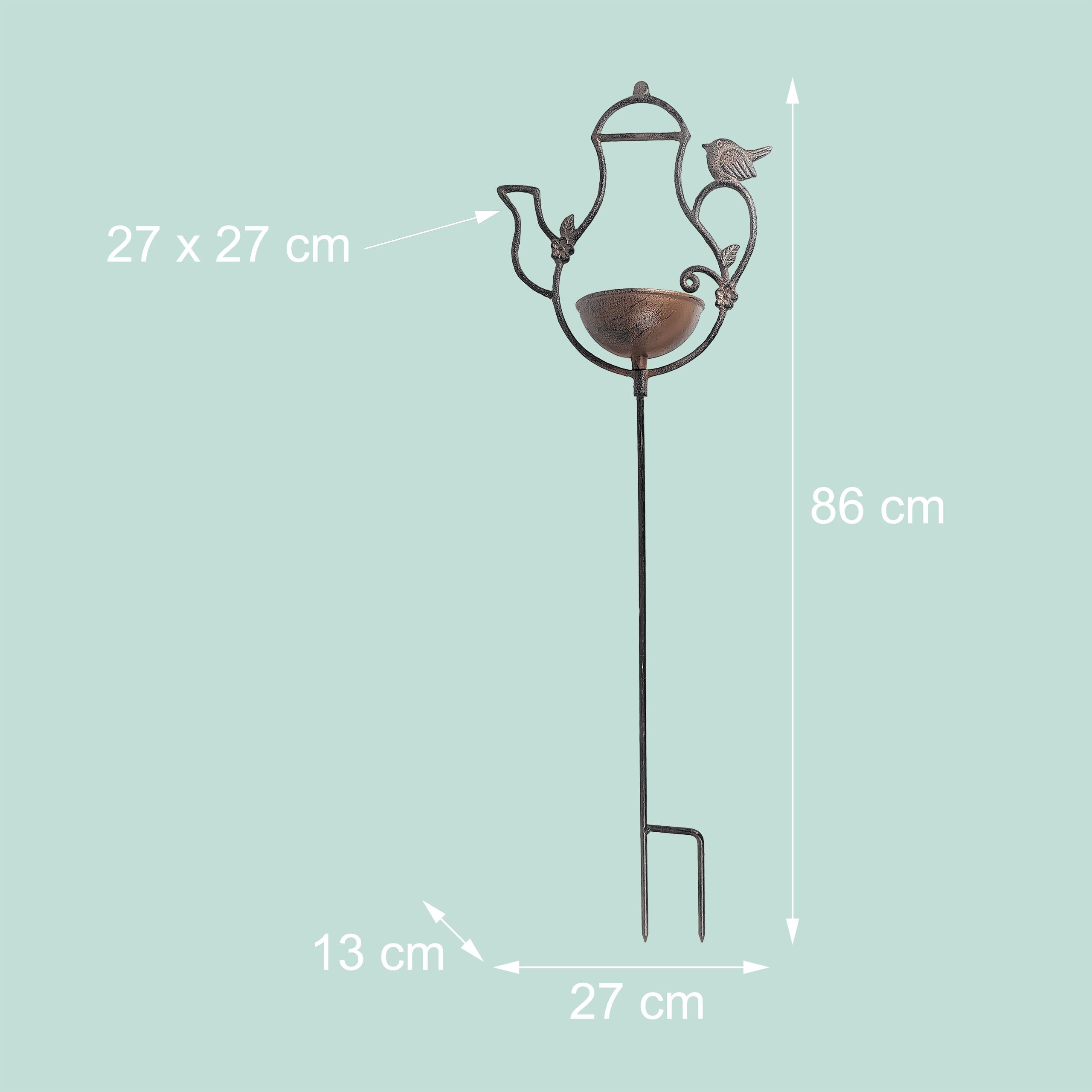 Relaxdays Abbeveratoio a teiera per Uccelli, 86×27×13 cm, ghisa, con picchetto, Ciotole Acqua e Cibo, Marrone