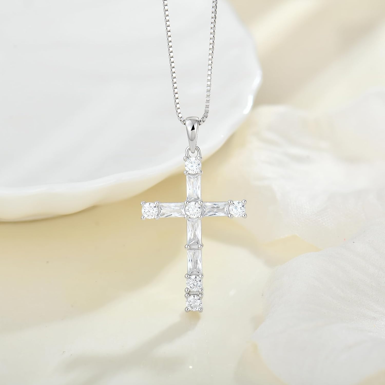 Birthstone Cross Necklace 925 Sterling Silver Crucifix Christian Religious Pendant Rectangular Square Cut Cubic Zirconia Jewelry for Women - Image 4
