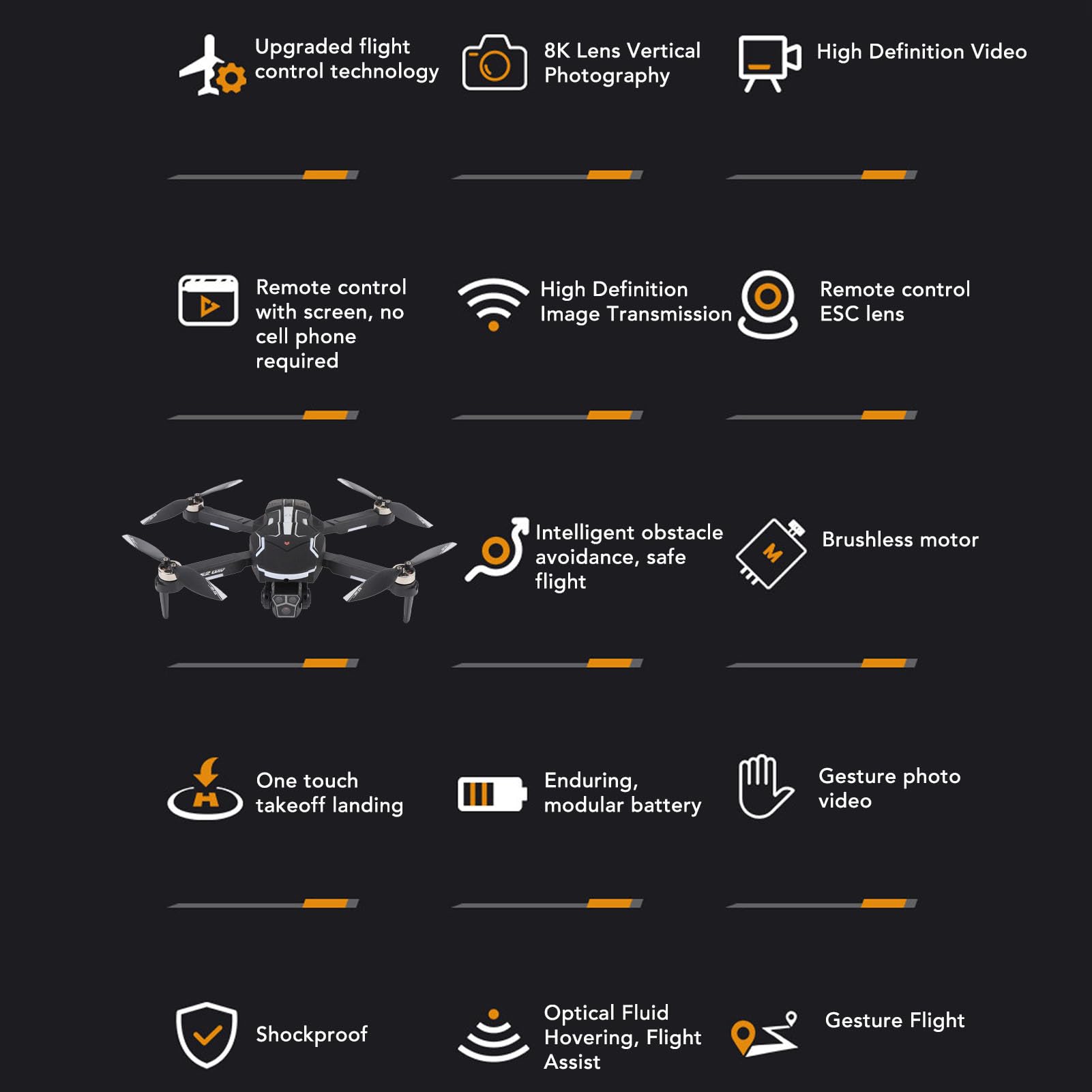 GPS Drone, Quadcopter RC sin Escobillas con una Cámara Dual de 8k HD, Evitación de Obstáculos Inteligentes, Control Remoto de Pantalla, Aterrizaje de Despegue Clave, Filtros de