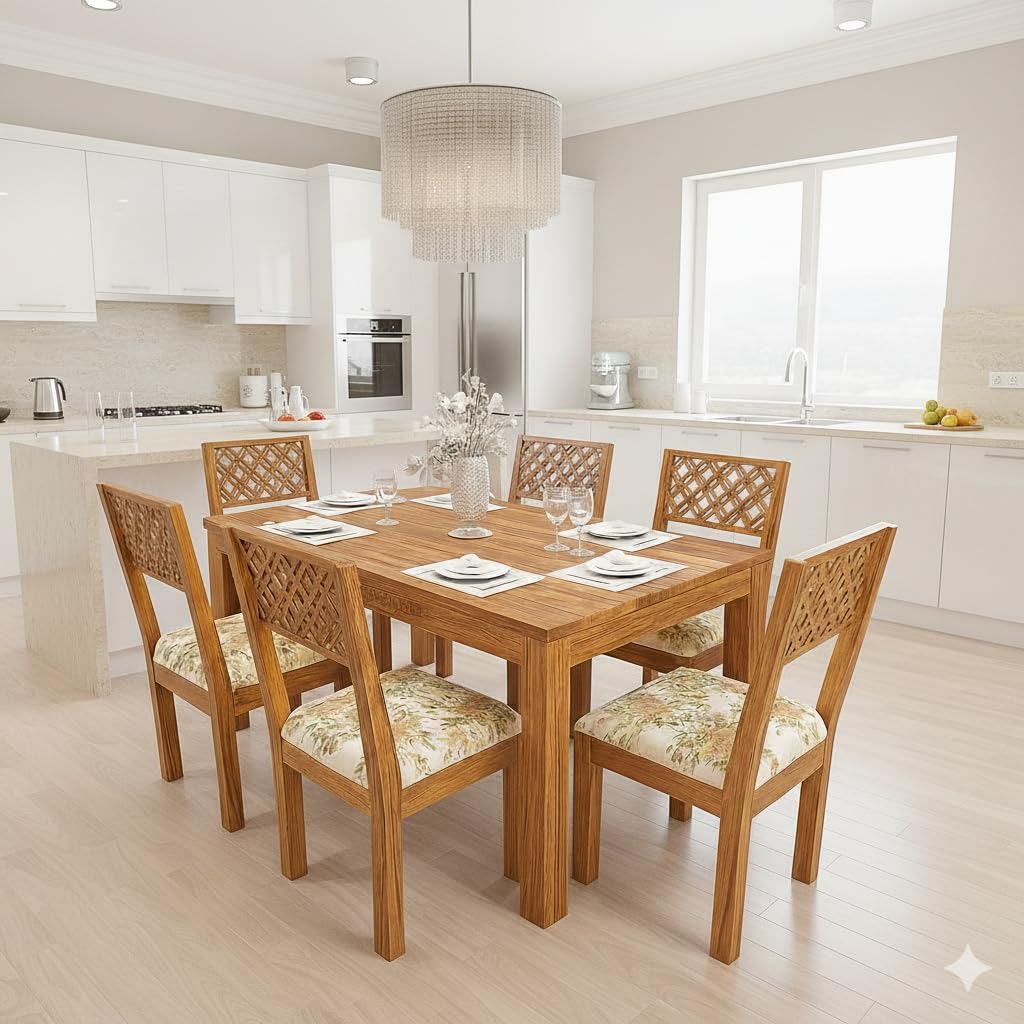 Sheesham Wood Dining Table(57x35) with 6 Chairs | 6 Seater Dining Set | 1 Year Warranty | Finish Color :- Honey Finish with Cushions -DIY(Do-It-Yourself)