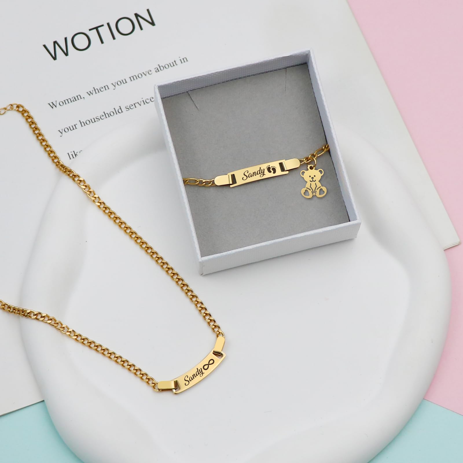 Conjunto de pulsera y collar personalizados con grabado de nombre, texto y fecha de nacimiento para bautizos