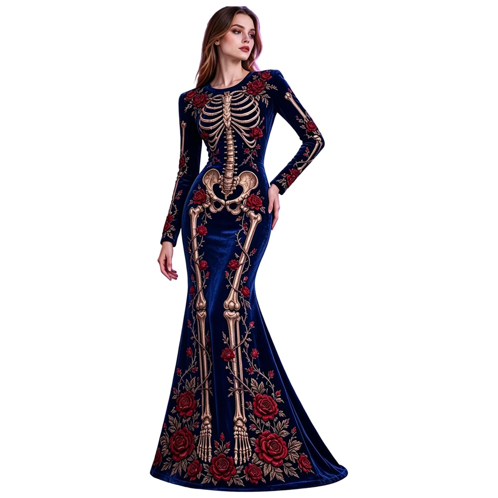 Women's Skeleton Print Mermaid Maxi Dress Long Sleeve Halloween Dresses for Women 3D Digital Print Floral Gothic Fancy Dress Costume — image 1
