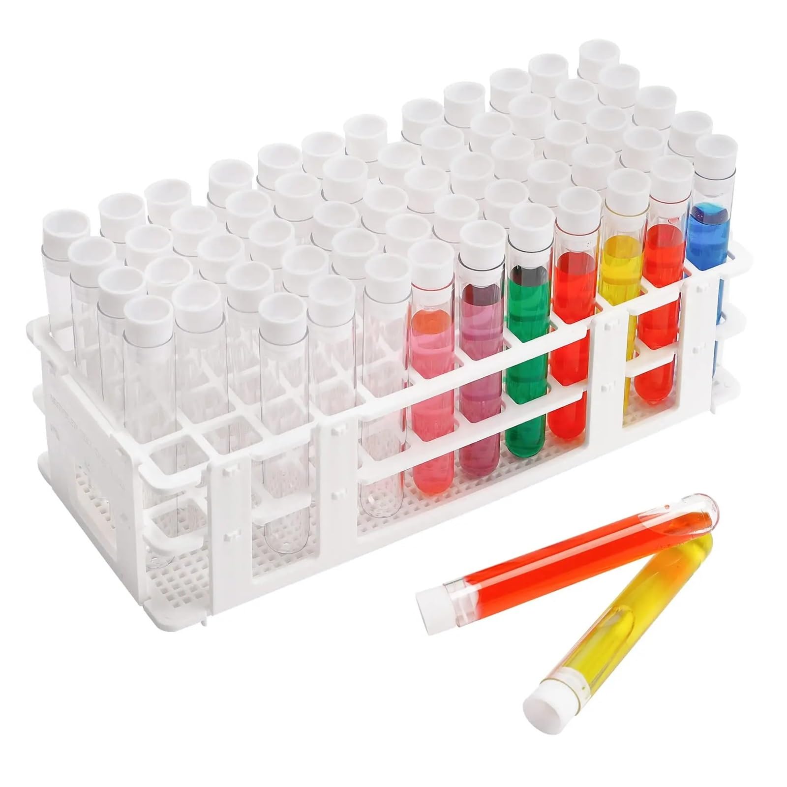 yingyingjia 60 Stück 16 x 100 mm Reagenzgläser aus Kunststoff mit Kappen und 1 Gestell, 13 ml klare Reagenzgläser mit Halter for wissenschaftliche Laborexperimente, 1 Set