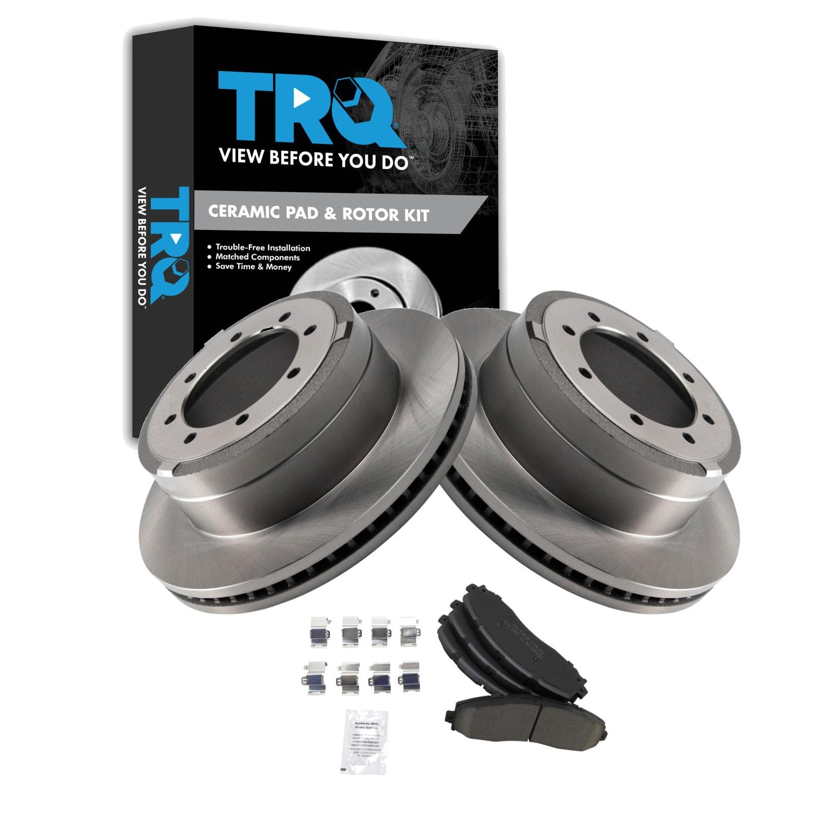 TRQ Rear Brake Pad &amp; Rotor Kit Ceramic Compatible with 2013-2019 Ford F-350 Super Duty 2013-2016 F-450 Super Duty