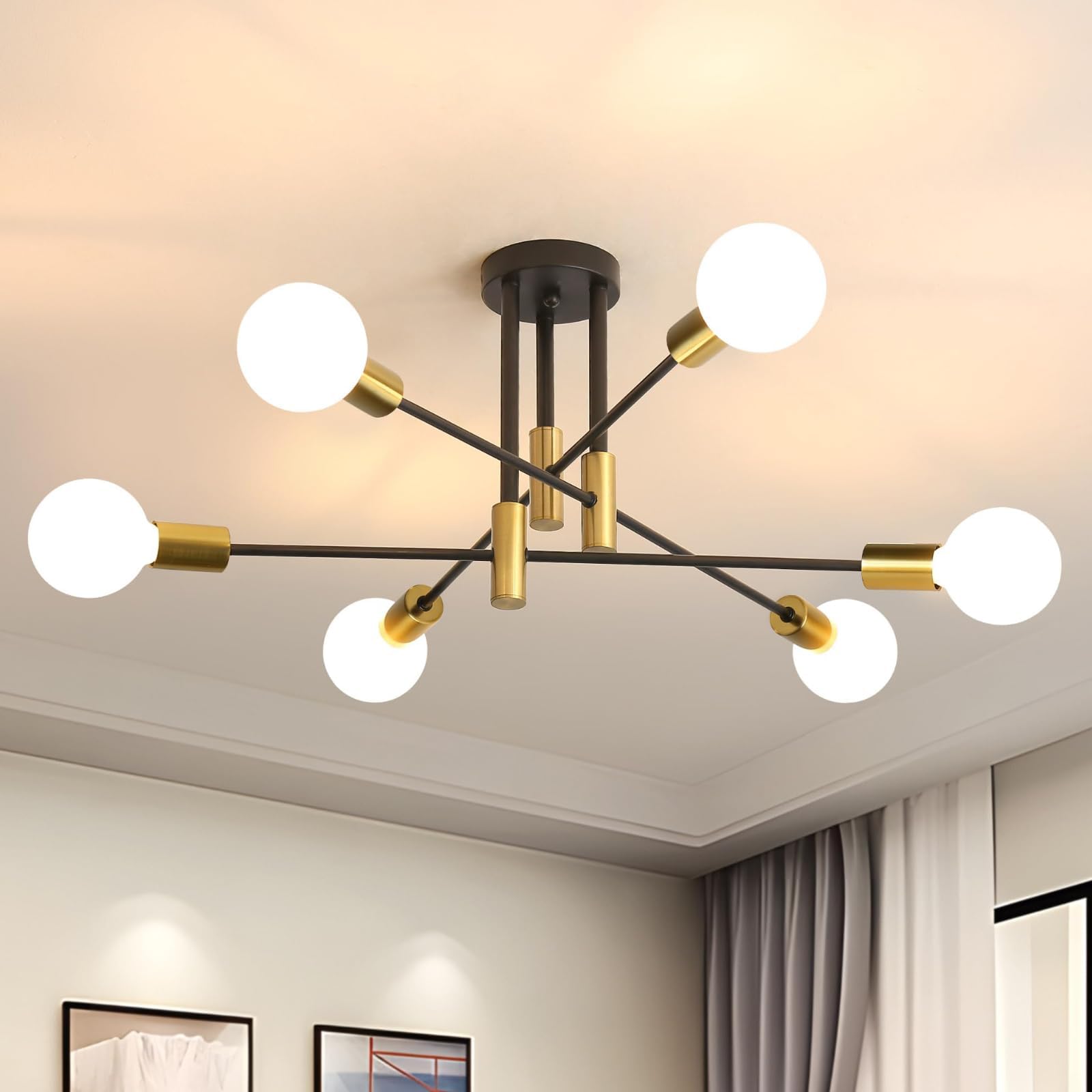 Modern Sputnik Light Fixture, 6-Light Matte Black Flush Mount Ceiling Light, Mid-Century Modern Light Fixture for Bedroom, Dining Room, Living Room, Kitchen