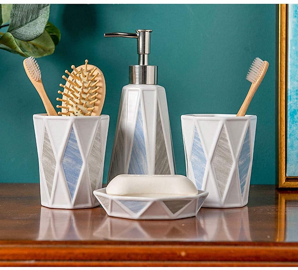 MagiDeal Ensemble Accessoires Salle De Bain 4 Pièces Bleu - Porte-Brosse à Dents, Distributeur Savon, Gobelet Et Porte-Savon