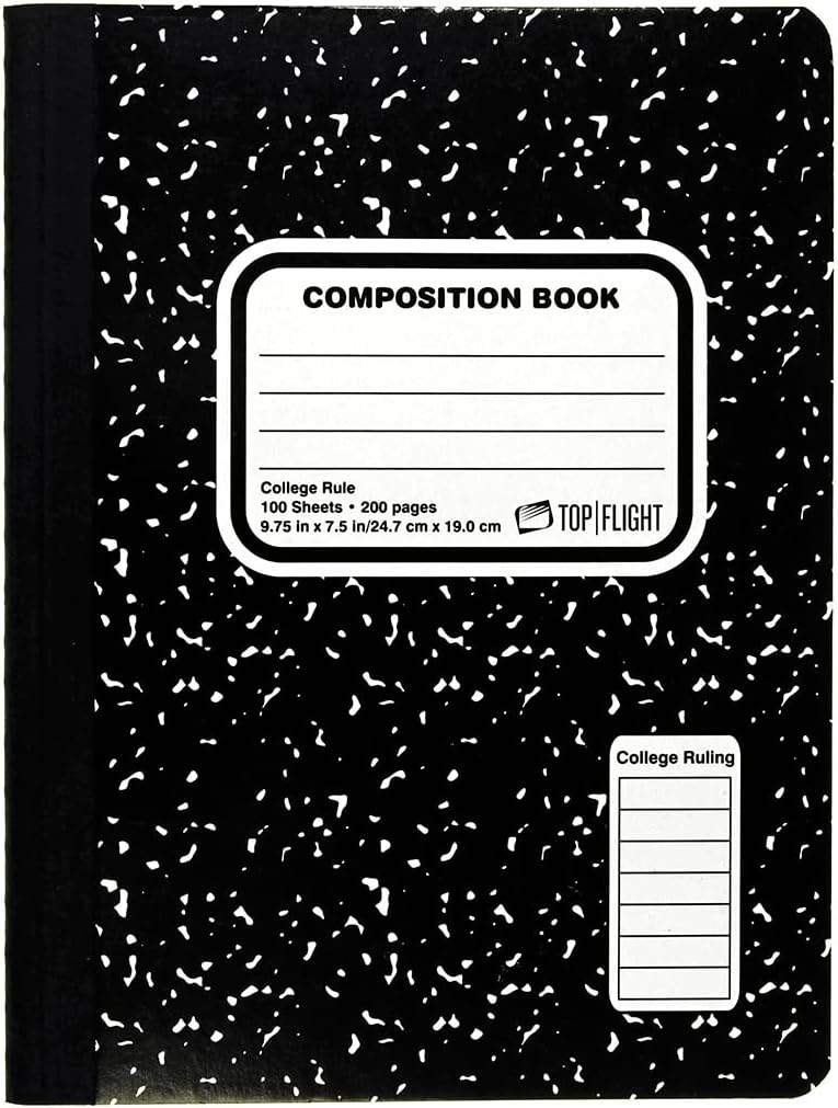 Top Flight Sewn Marble Composition Book, Black/White, College Rule, 9.75 x 7.5 Inches, 100 Sheets (41350)