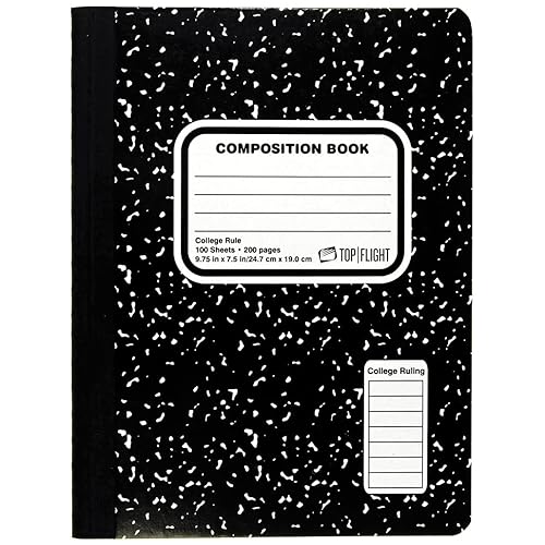 Top Flight Sewn Marble Composition Book, Black/White, College Rule, 9.75