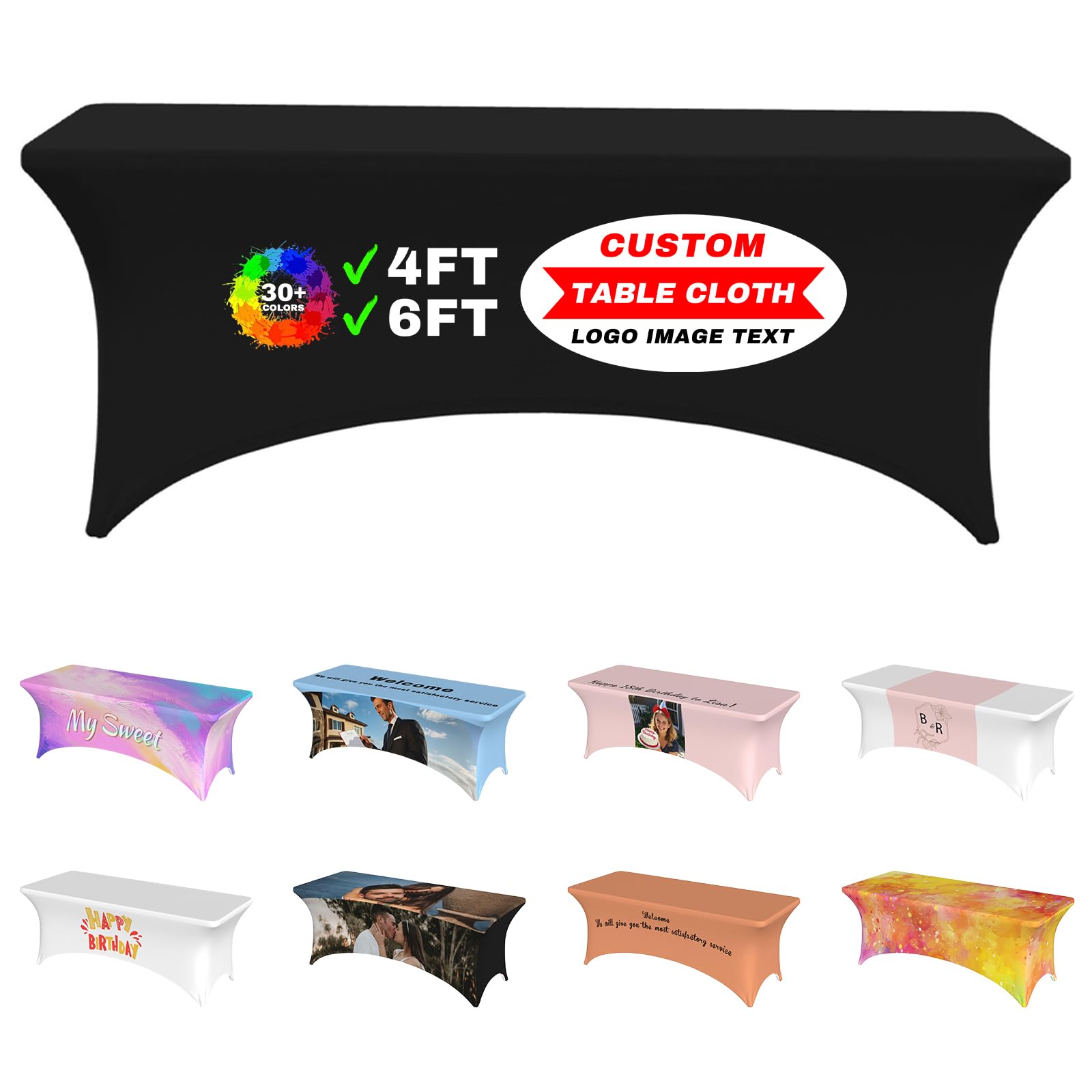 Personalised Table Cloth with Business Logo Text Custom Stretch Spandex Table Cover Customized Table Runner Washable Table Protector for Business Tradeshow Events Birthday Wedding Anniversary