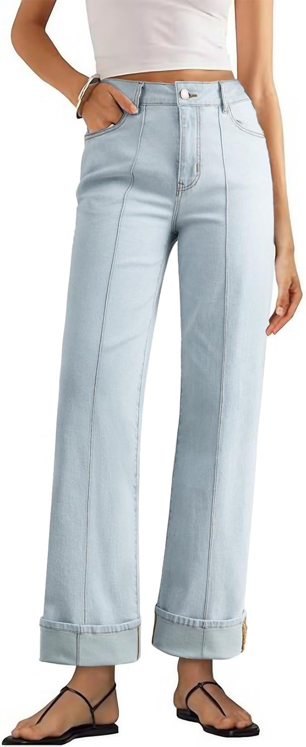 Sidefeel Women's Wide Leg Cuffed Jeans High Waisted Baggy Stretchy Denim Pants with Pockets