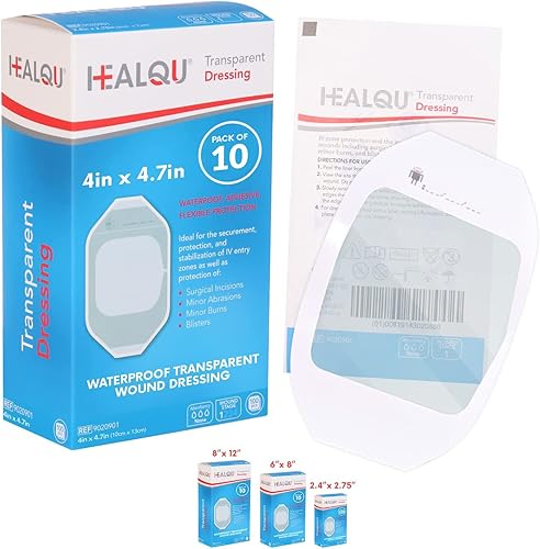 Healqu - Apósito de película transparente, 4 x 4.7 pulgadas, paquete de 10 parches adhesivos impermeables para heridas, ducha posquirúrgica o escudo
