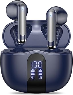 Wireless Earbuds, 2025 Bluetooth 5.4 Bass Stereo Headphones with 4 ENC Mic, 50H Playback Ear Buds with Charging Case LED Display,Sport Earphones IPX7 Waterproof for Phone, Android, Pad, Blue