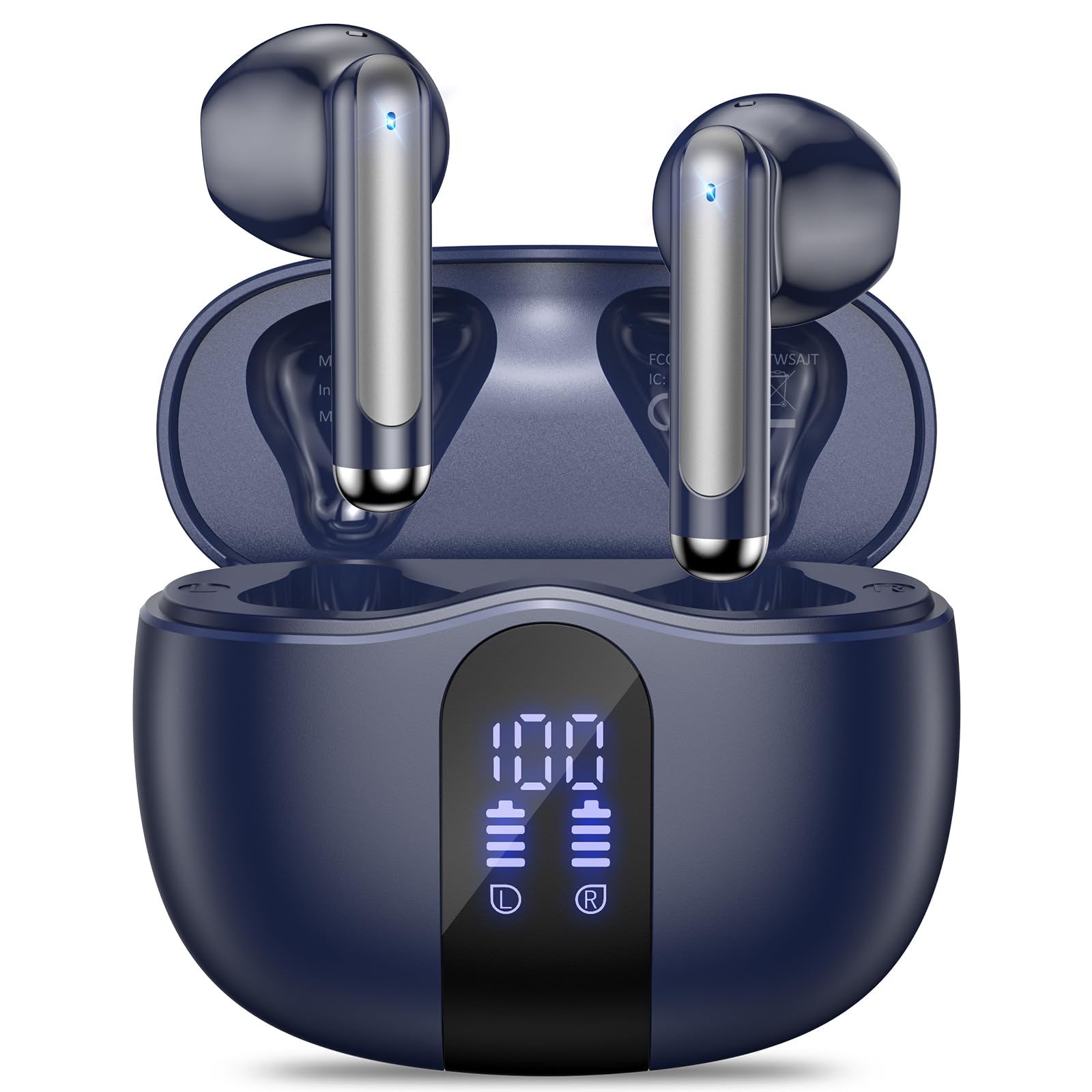 Wireless Earbuds, 2025 Bluetooth 5.4 Bass Stereo Headphones with 4 ENC Mic, 50H Playback Ear Buds with Charging Case LED Display,Sport Earphones IPX7 Waterproof for Phone, Android, Pad, Blue