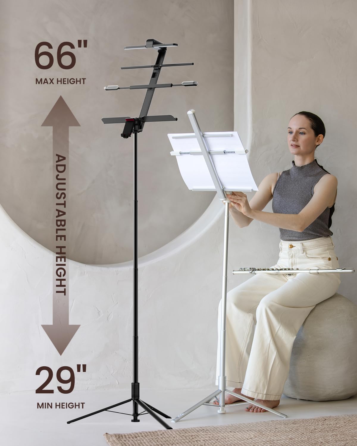 KraftGeek Kit di leggio portatile da 167,6 cm – Leggio pieghevole per spartiti da viaggio, include luce LED, borsa per il trasporto e supporto universale per telefono e tablet