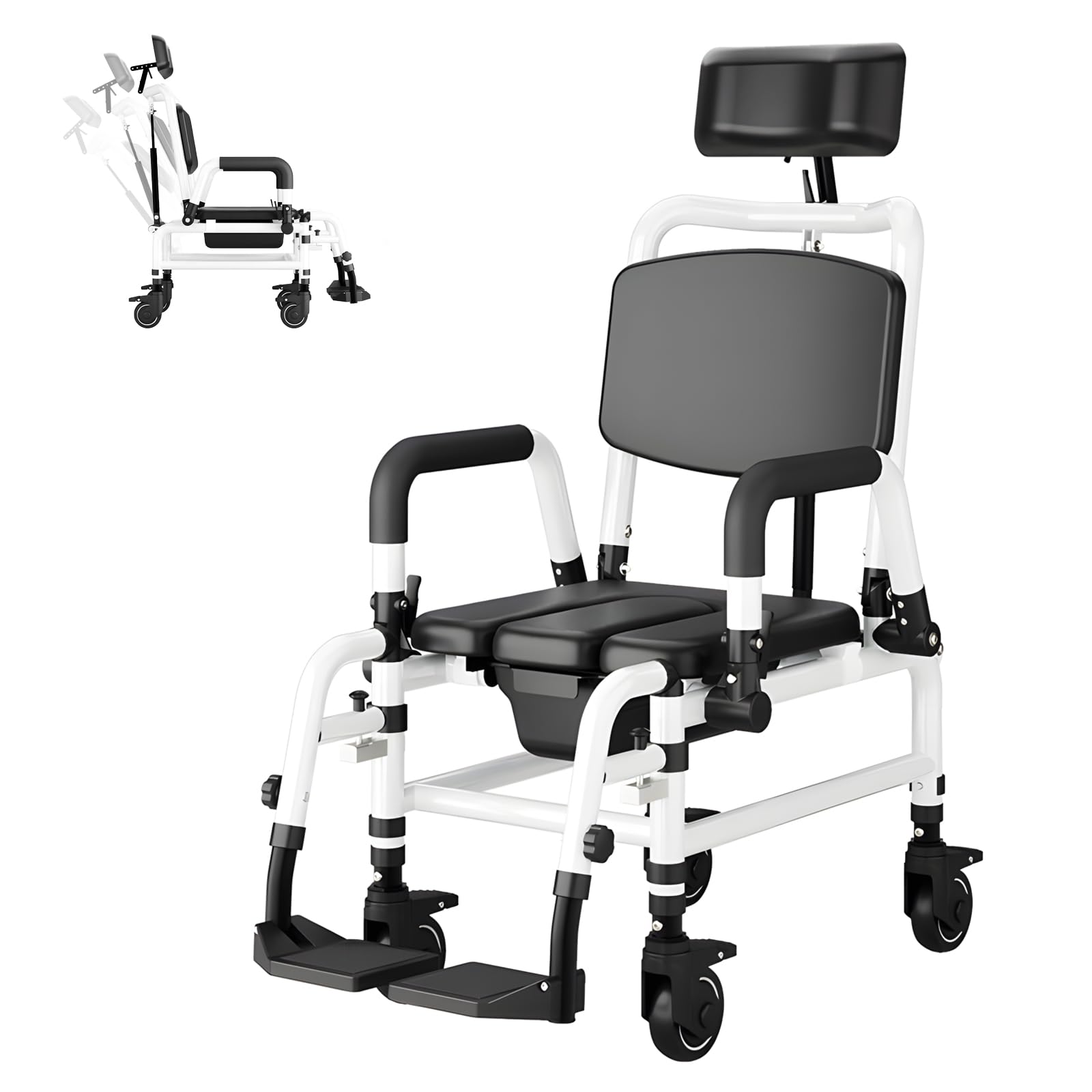 NJUN Silla de Ruedas para Baño y WC con Ruedas, Silla WC con Ruedas para Personas Mayores, Silla de Baño Reclinable con Respaldo Ajustable 140°, Reposacabezas Ajustable y Cubeta Extraíble