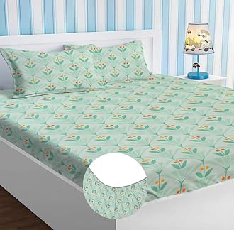 BSB HOME Style Cotton Feel Glace Cotton Elastic Fitted Printed King Size Double Bed Bedsheet with 2 Pillow Cover (78''X72'', Small Leaf Printed- Pastel Green), 180 Tc