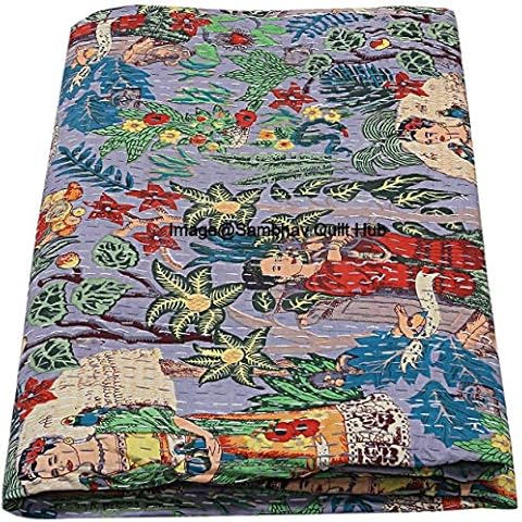 Sambhav Quilt Hub Handmade Quilted Blanket Indian Cotton Frida Khalo Print Bedspread Kantha Work Bohemian Bed Decor Throw Blanket Twin/King/Queen (90X108 inches) Cover