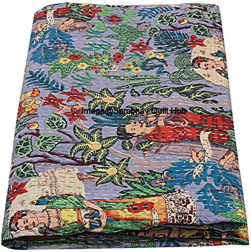 Sambhav Quilt Hub Couverture matelassée faite à la main en coton indien avec imprimé Frida Khalo Couvre-lit Kantha Travail bohémien Décoration de lit jumeau/King/Queen (228 x 274 cm) Cover
