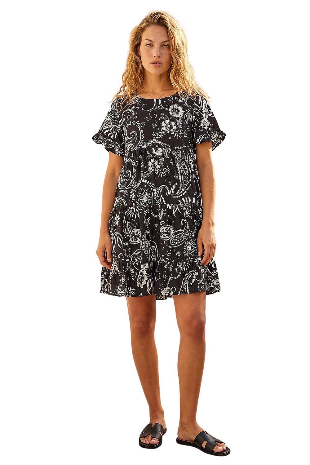 Roman Originals Women's Black Roman Smock Dress For Uk Swing A Line Tiered Pocket Slouch Summer Spring Everyday Evening Work Holiday Short Sleeve Smart Casual Beach Lightweight Shift - Size 18