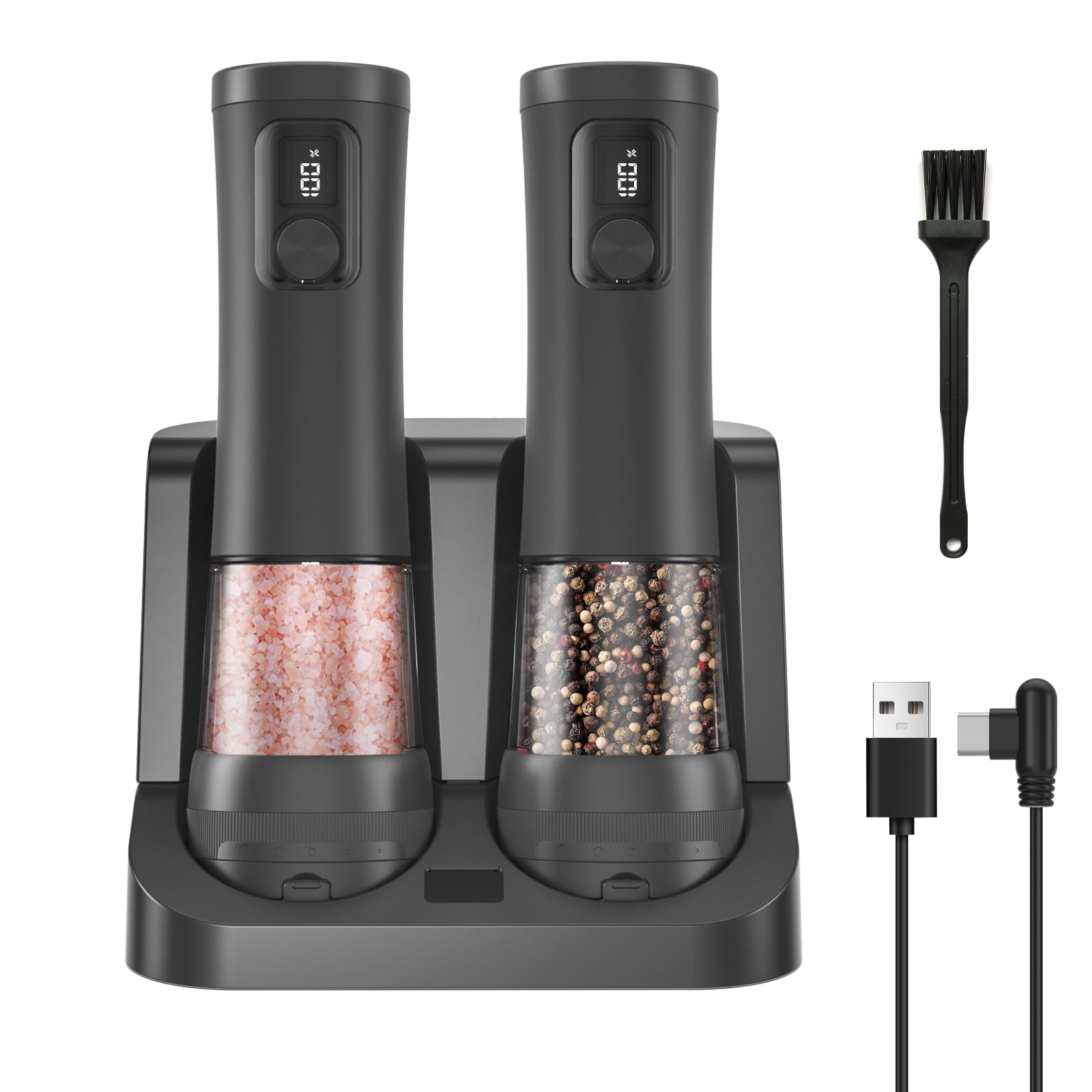 Electric Salt and Pepper Grinder Set, 2 Pack Rechargeable Automatic Pepper Mill, with Charging Base,5-Level, Display, LED Lighting,Large Capacity, Kitchen Gifts (2, Black, USB Charging Base)