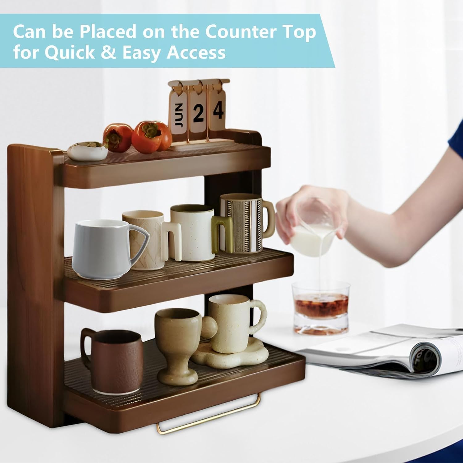 Organizador de barra de café de bambú de 3 niveles, estante de almacenamiento para encimera de cocina, estante de exhibición multifuncional para tazas, tazas que ahorra espacio y soporte para especias