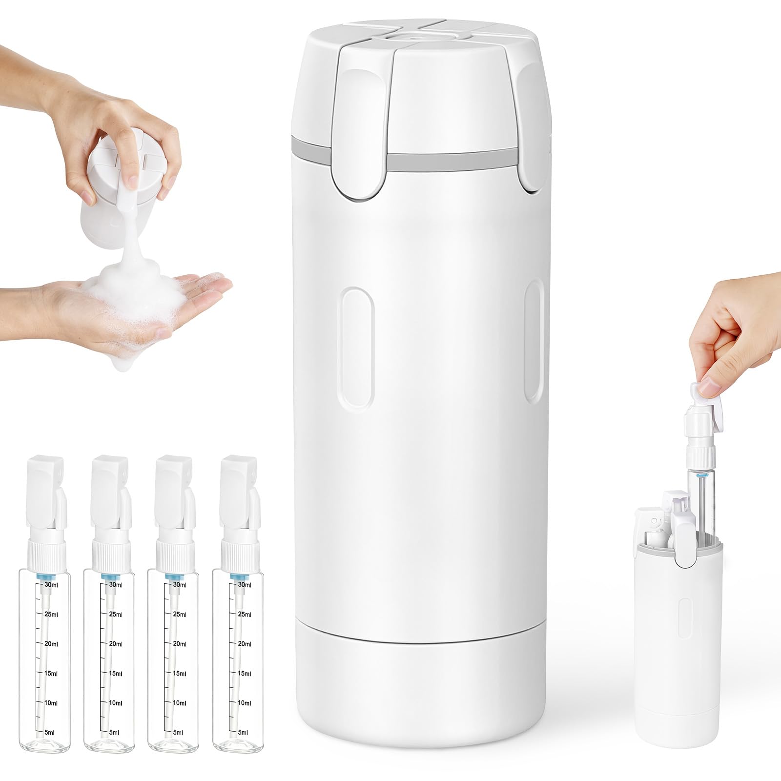 Reiseflaschen zum Befüllen, 4 in 1 Reise-Spenderflasche, auslaufsichere Reisegröße Behälter, Mini Spender mit Skala und Etikett, für Shampoo, Duschgel, Kosmetik -Weiß