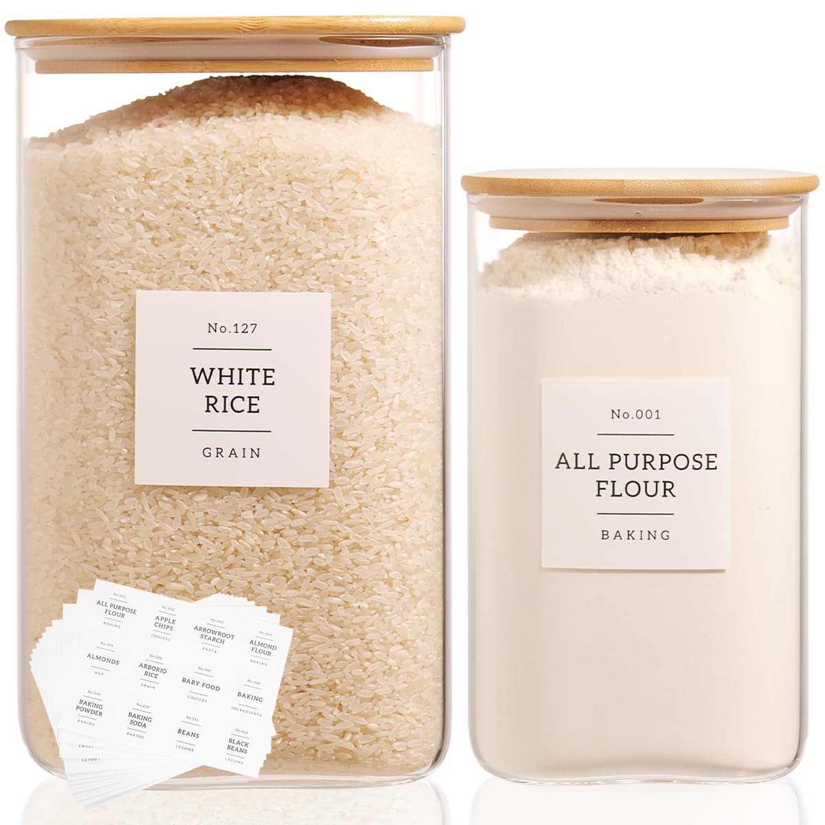 Photo 1 of 2 Pack large Square Glass Flour and Sugar Containers with 132 Kitchen Pantry Labels - 149 floz & 71 floz - Glass Jars with Airtight Bamboo Lid - Glass Rice Canisters for Coffee, Pasta, Cookie, Cereal