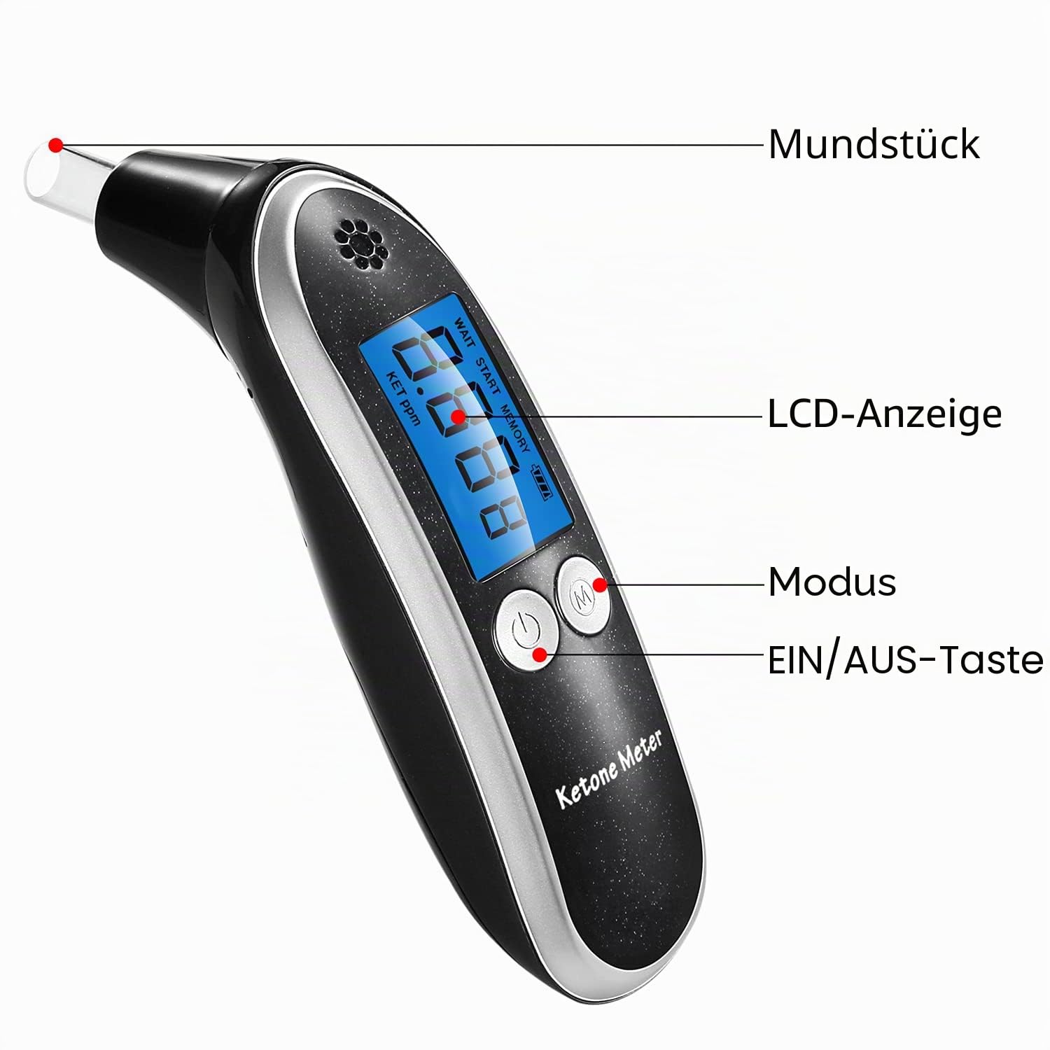 Ketonmessgerät Professional, Fortschrittlicher Digitaler Keton-Analysator und Ketose-Tester, Sofortige Ergebnisse, Tragbarer Atemtester für Ketose-Tests mit 10 Mundstücken (Ketone Meter)