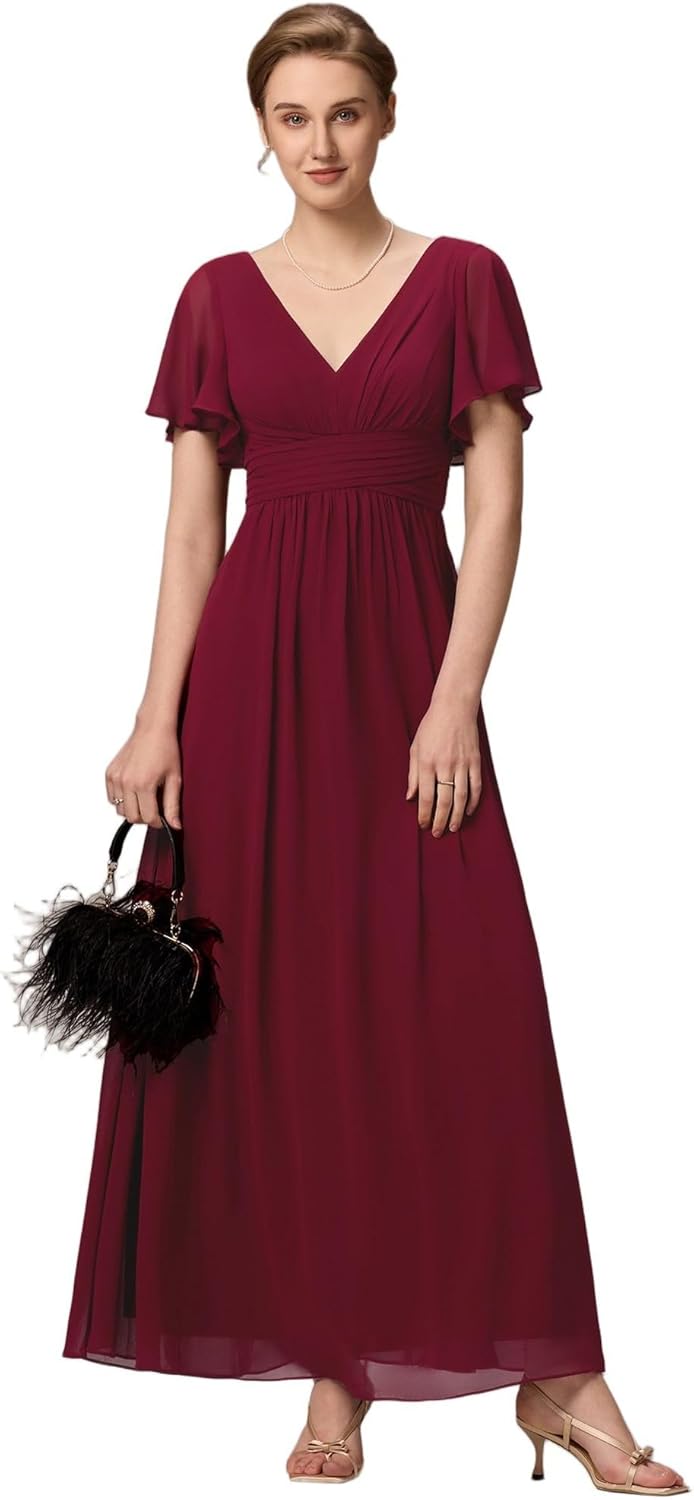 Ever-Pretty Women's Summer V Neck Chiffon Pleated Empire Waist Bandage Bridesmaid Dress with Pockets 02360