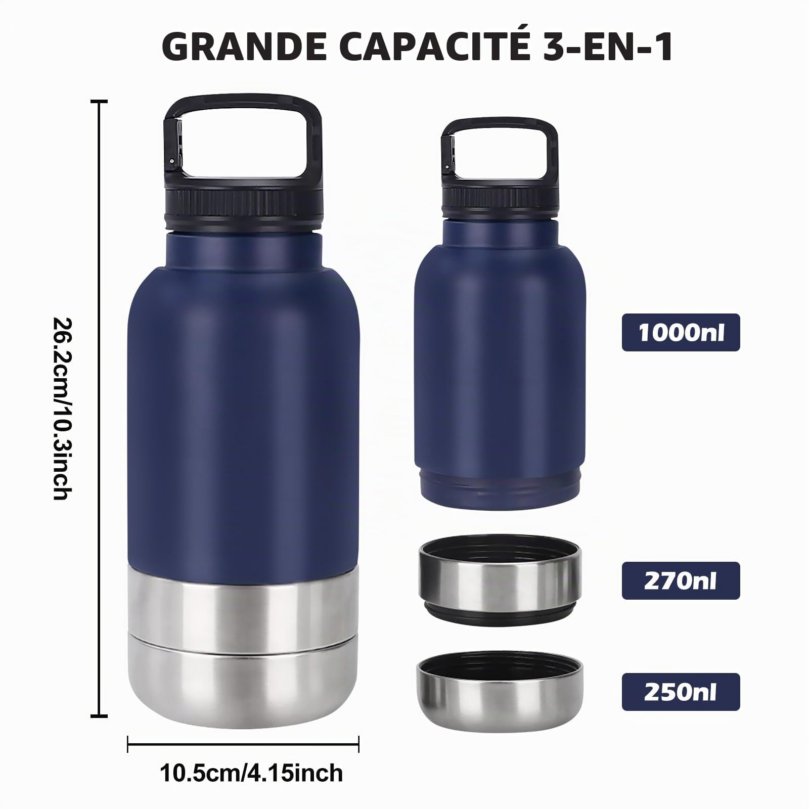 Gourde pour chien - Pour les déplacements - 1000 ml - Bouteille d'eau pour chien - En acier inoxydable - Avec gamelle d'eau et gamelle - Accessoire pour chien pour promenade - Sans BPA
