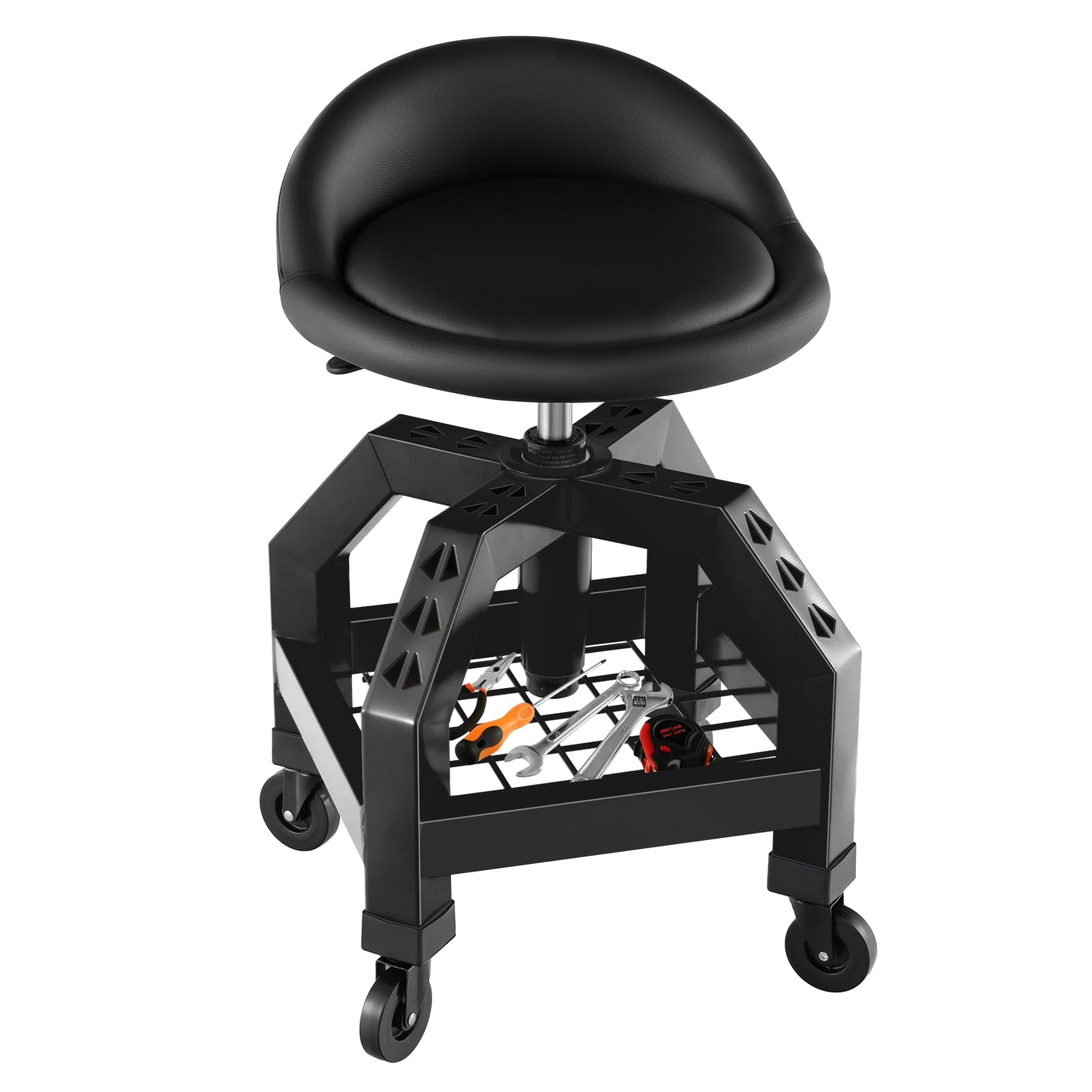 GYMAX Tabouret d'Atelier à roulettes, avec Porte-Outils, Siège Réglable en Hauteur 57-70cm et Pivotant à 360°, Rembourrage d'Éponge Confortable, pour Usine, Garage, Réparation, Mécanicien (Noir)