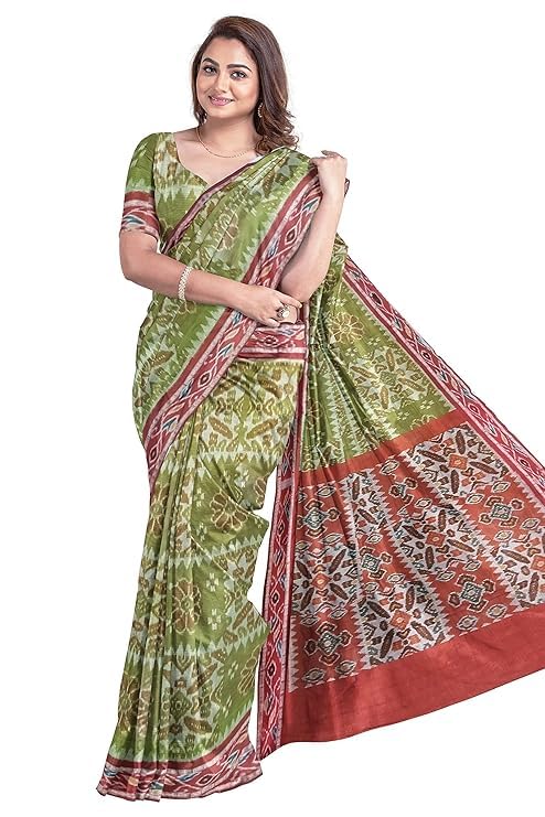 Image of Ikat Women's Cotton Saree, Handmade Pure Cotton Khandua Saree, Ikkat Orissa Traditional Handloom Saree without Blouse