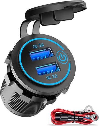 Qidoe - Enchufe de carga rápida 3.0 USB dual, impermeable, 12 V, salida USB de 36 W, doble QC3.0, enchufe de alimentación USB con interruptor