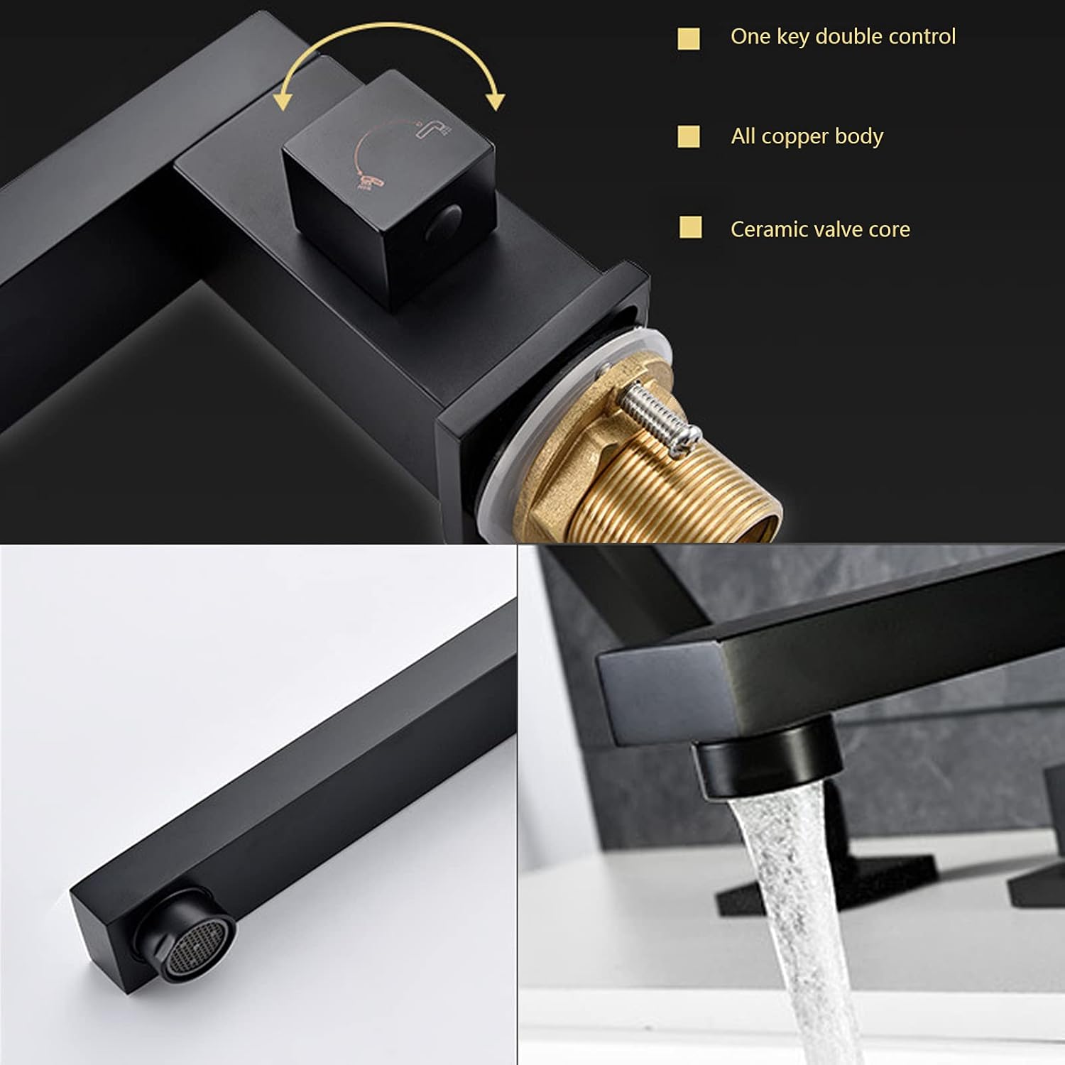 Black Bathtub Faucet, Bathroom Hot and Cold Water Mixer Tap, Split Basin Faucet, Copper 4-Piece Set Square Shower Faucet with Pull-Out Shower, Paint Process