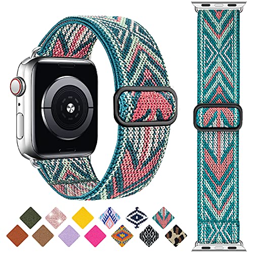 Stretchy Solo Loop Strap Compatible with Apple Watch Band 38mm 40mm 41mm 42mm 44mm 45mm 46mm 49mm,Soft Nylon Elastic Strap Wristband for iWatch series 10 9 8 7 6 5 4 3 2 1 se Ultra Bohemia-Green Totem