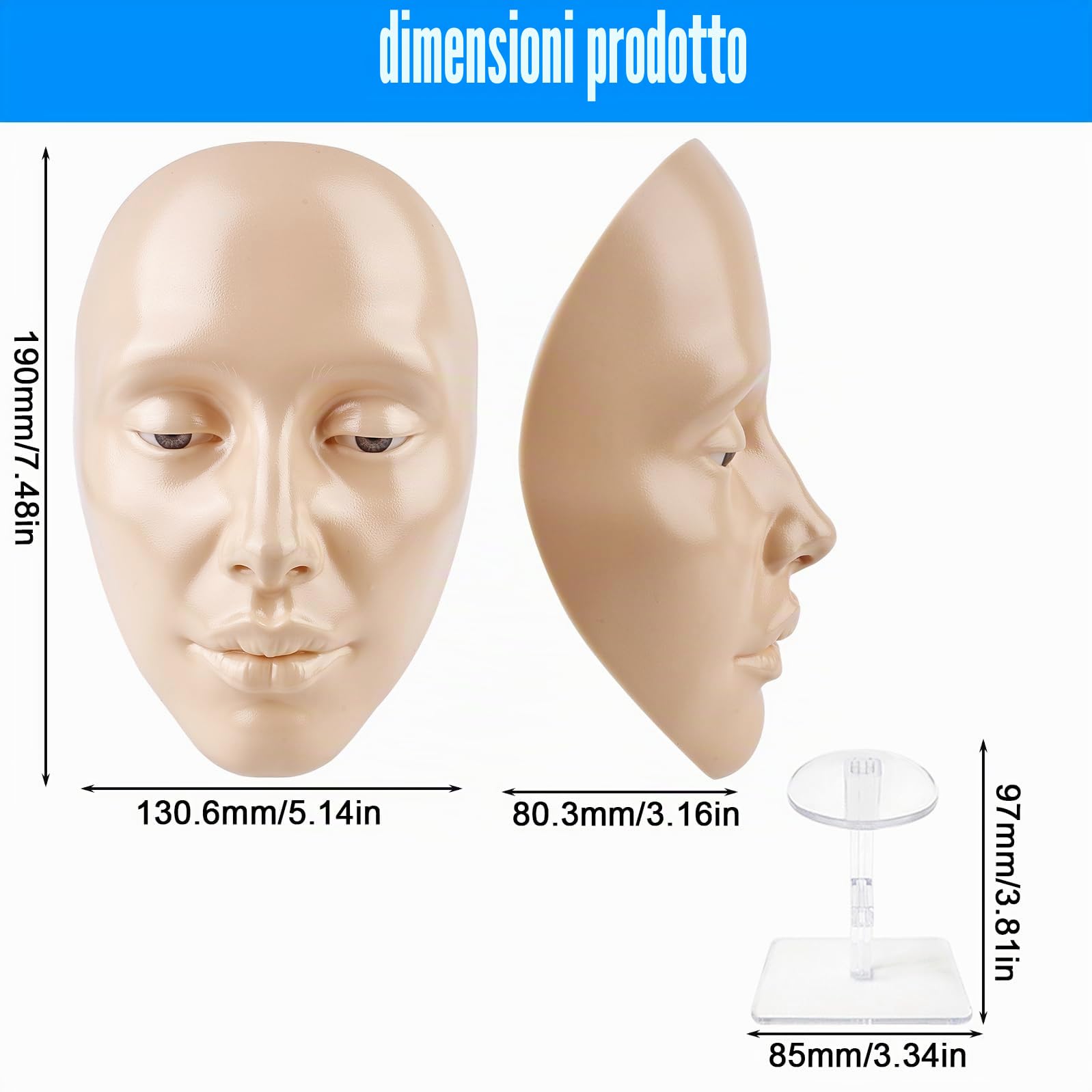 Viso di esercizio per il trucco: testa di esercizio riutilizzabile con supporto, estensione ciglia, manichino testa pratica, per tutto il viso di pittura del viso naturale