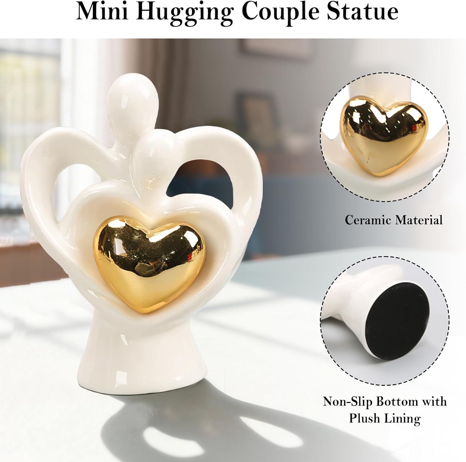 White and Gold Couple Statue, Modern Hugging Lovers Sculpture for TV Stand, Living Room, Shelf, and Bedroom Decor, Romantic Anniversary and Wedding Gifts for Couples - Image 3