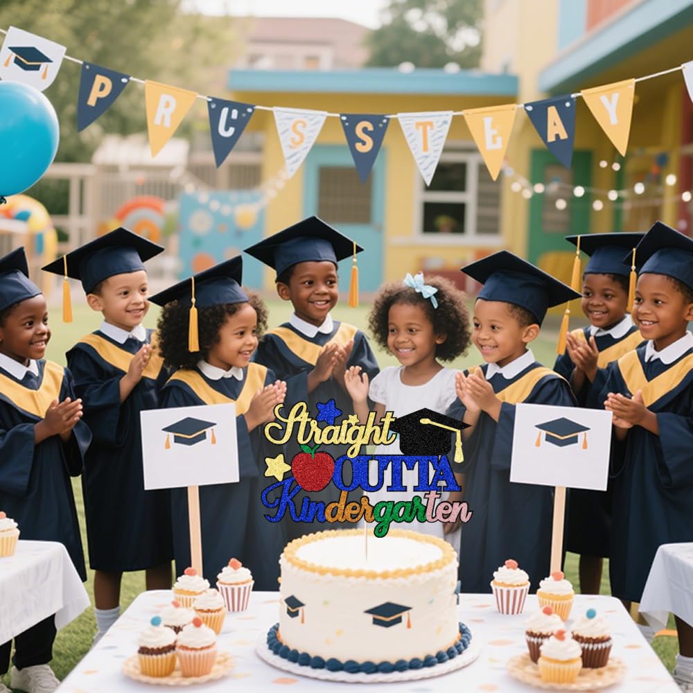 YUINYO Straight Outta Kindergarten Cake Topper Class Of 2025 Kindergarten Graduation Happy Graduation Cake Decoration Kids Back to School Preschool