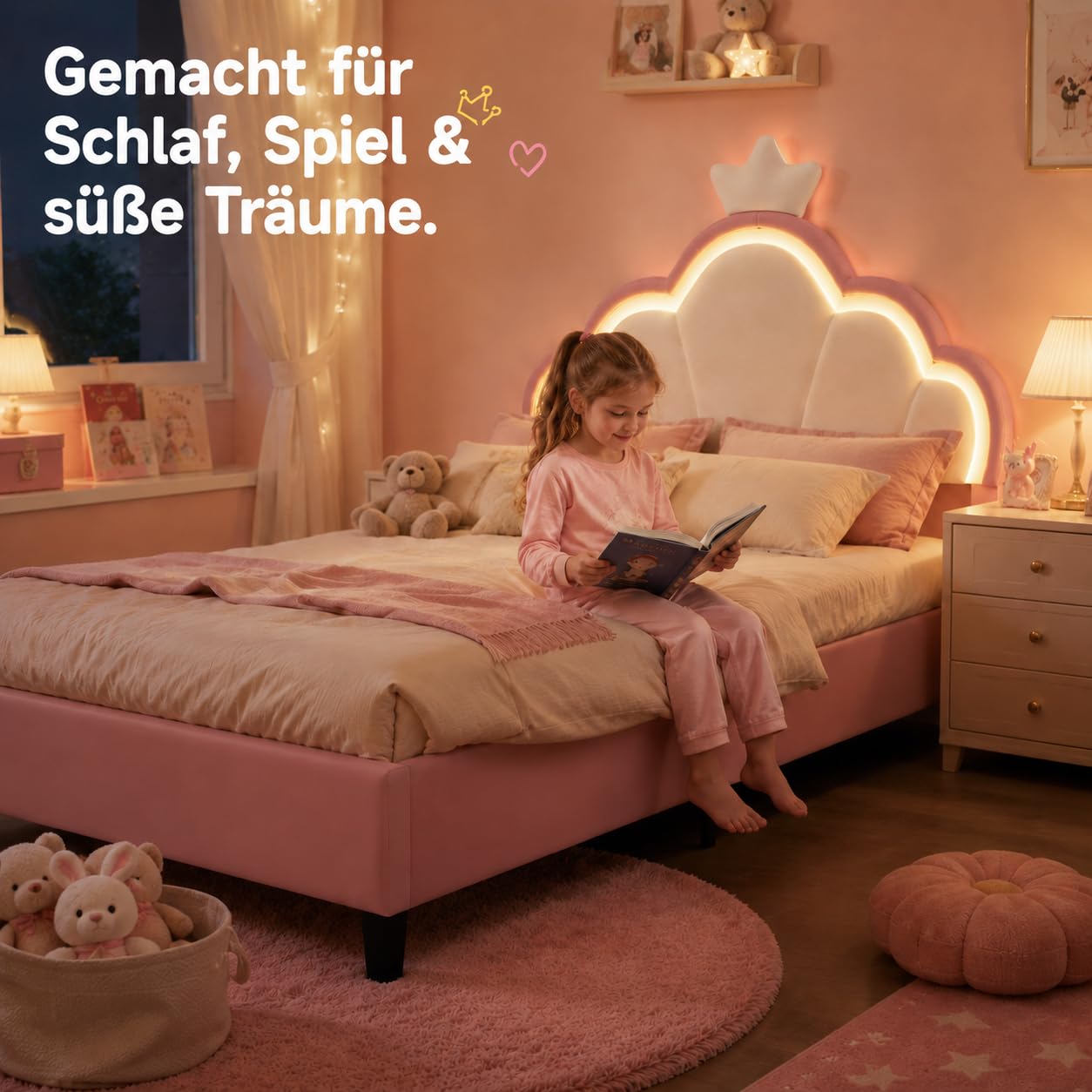 Letto per bambini imbottito 140 x 190 cm, letto matrimoniale a LED per ragazza, telaio letto con testiera regolabile in altezza a forma di corona e rete a doghe, letto da bambina giovane in velluto