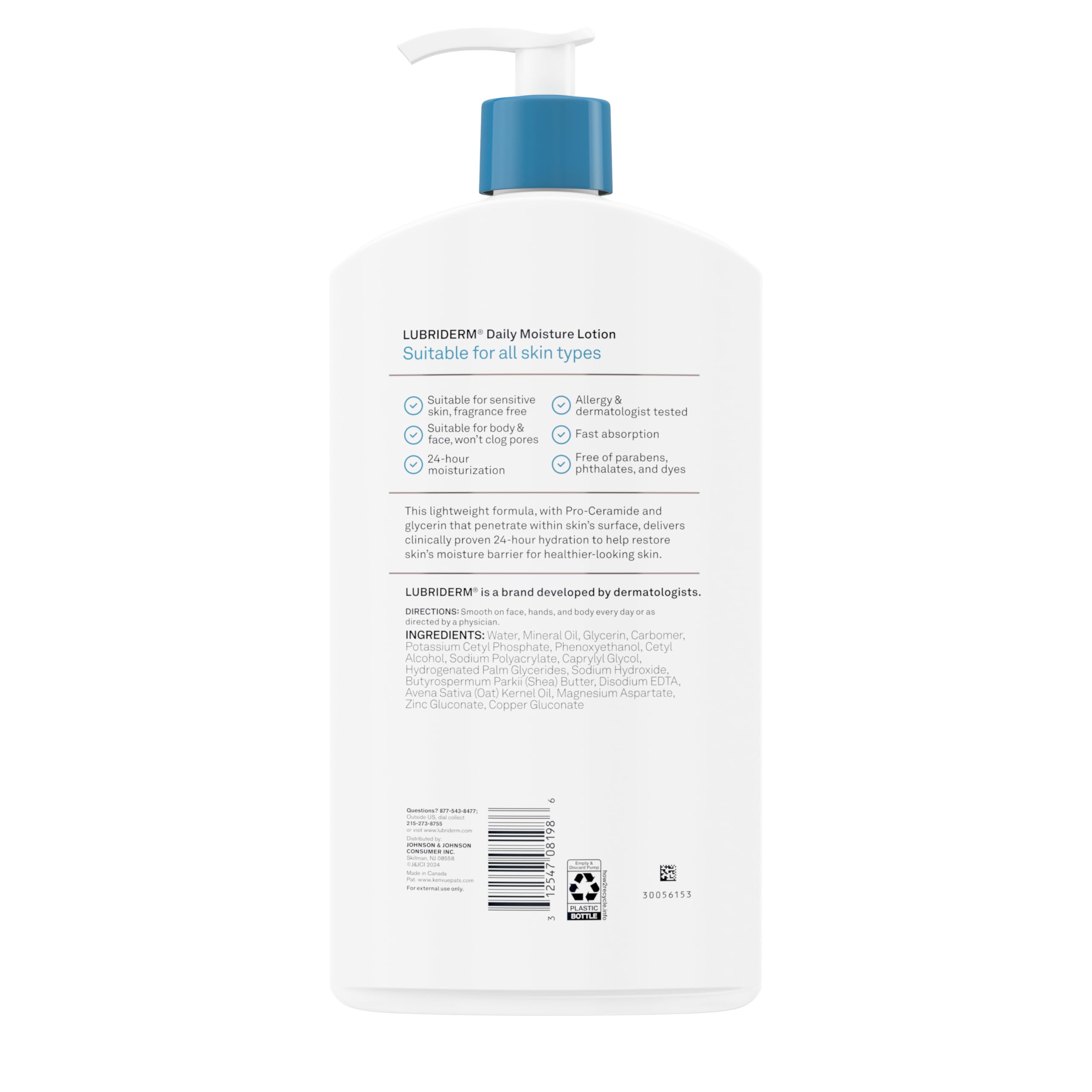 Lubriderm Value-Size Daily Moisture Lotion + Pro-Ceramide with Shea Butter & Glycerin Moisturizes Dry Skin, Hydrating Face, Hand & Body Lotion is Lightly Scented & Non-Greasy, 32 fl. oz