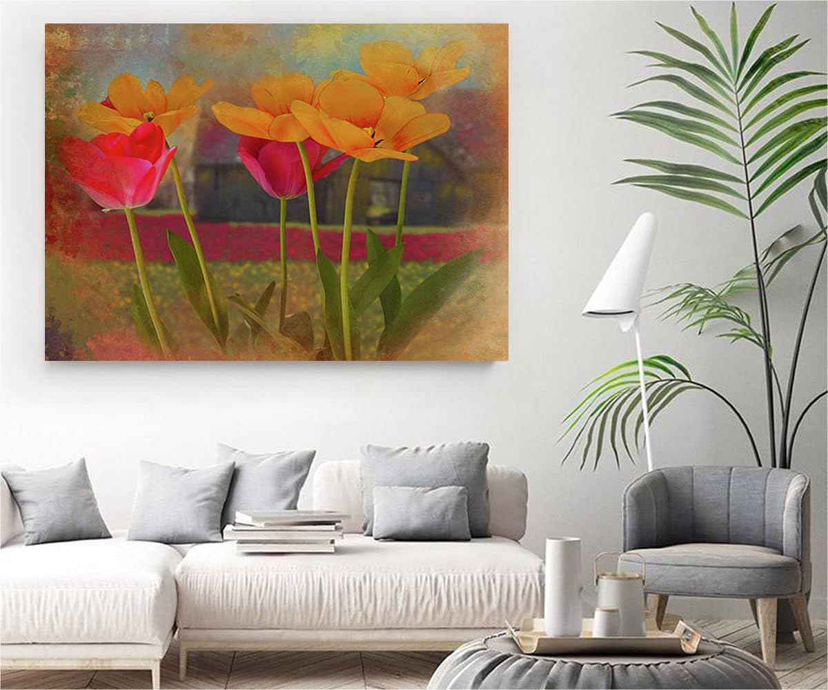 VERRE ART Printed Framed Canvas Painting for Home Decor Office Wall Studio Wall Living Room Decoration (34x22inch Wrapped) - Tulips In Spring, Skagit Valley Print