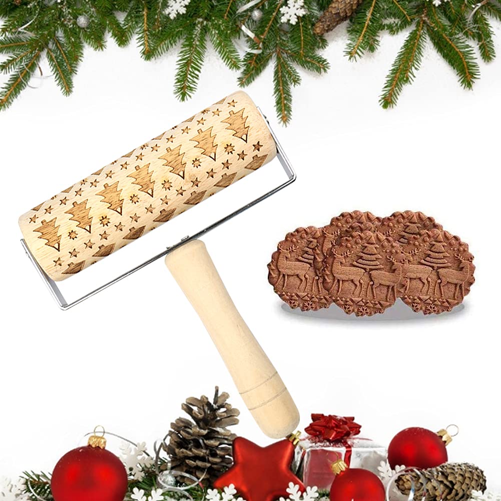 Geprägtes Nudelholz Aus Holz – 38,1 Cm, Mit Weihnachtsmotiven (Elch, Schneeflocken), 4-teiliges Set, Lebensmittelecht
