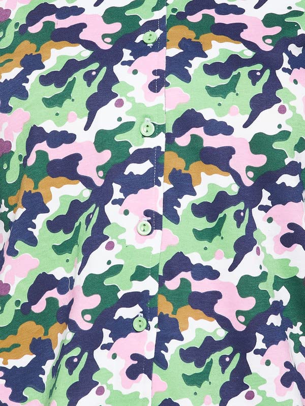 Image of Clovia Women's Cotton Camouflage Print Button Down Shirt & Pyjama Set In Multicolor