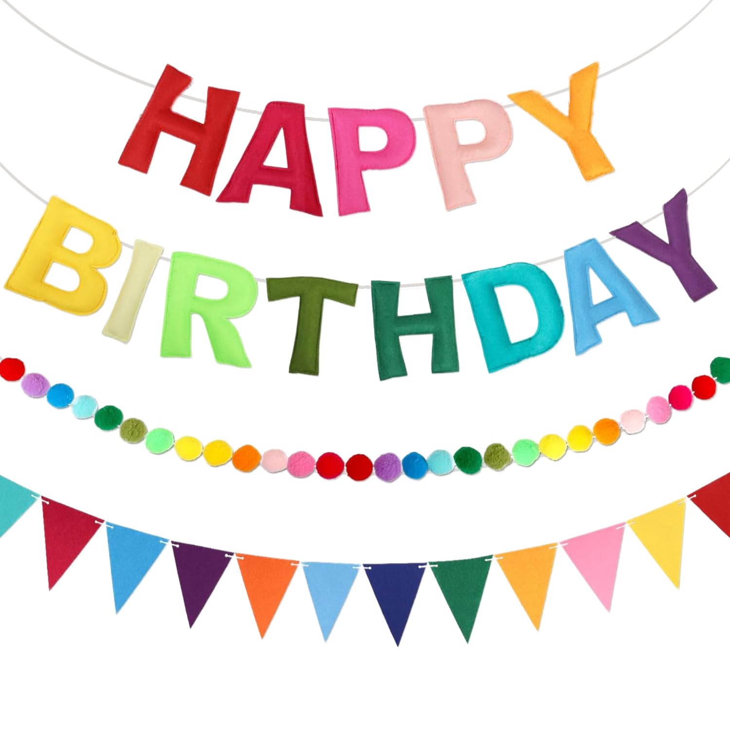 Acidea Pre-Strung Happy Birthday Banner, Felt Ball Garland & Triangle Flags, Multicolor Birthday Decor