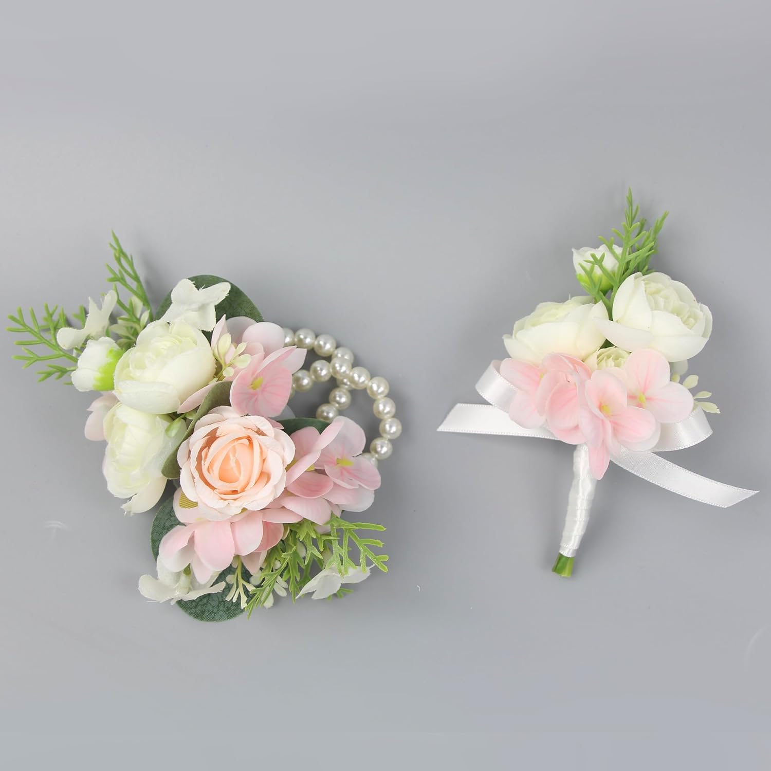 Rinlong Corsage and Boutonniere Set Pink Corsages Wristlet Groom Flower Boutonniere for Men Wedding Homecoming Corsage for Prom