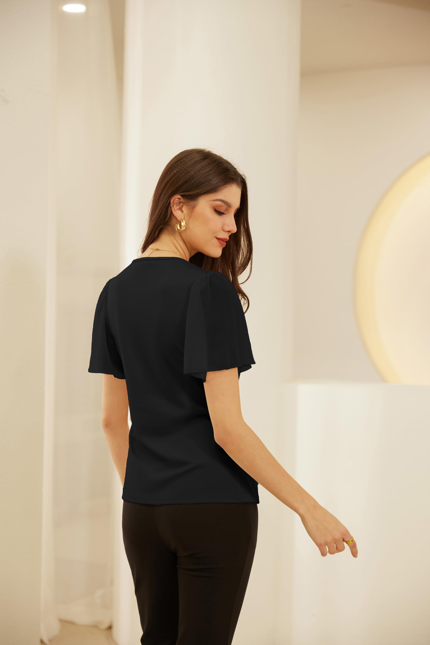 GRACE KARIN Blouse d'Été à Manches Courtes Volantées pour Femme Haut Uni Col Croisé en V avec Lacet à la Taille Top Femme Chic et Élégant Cache-Cœur Casual