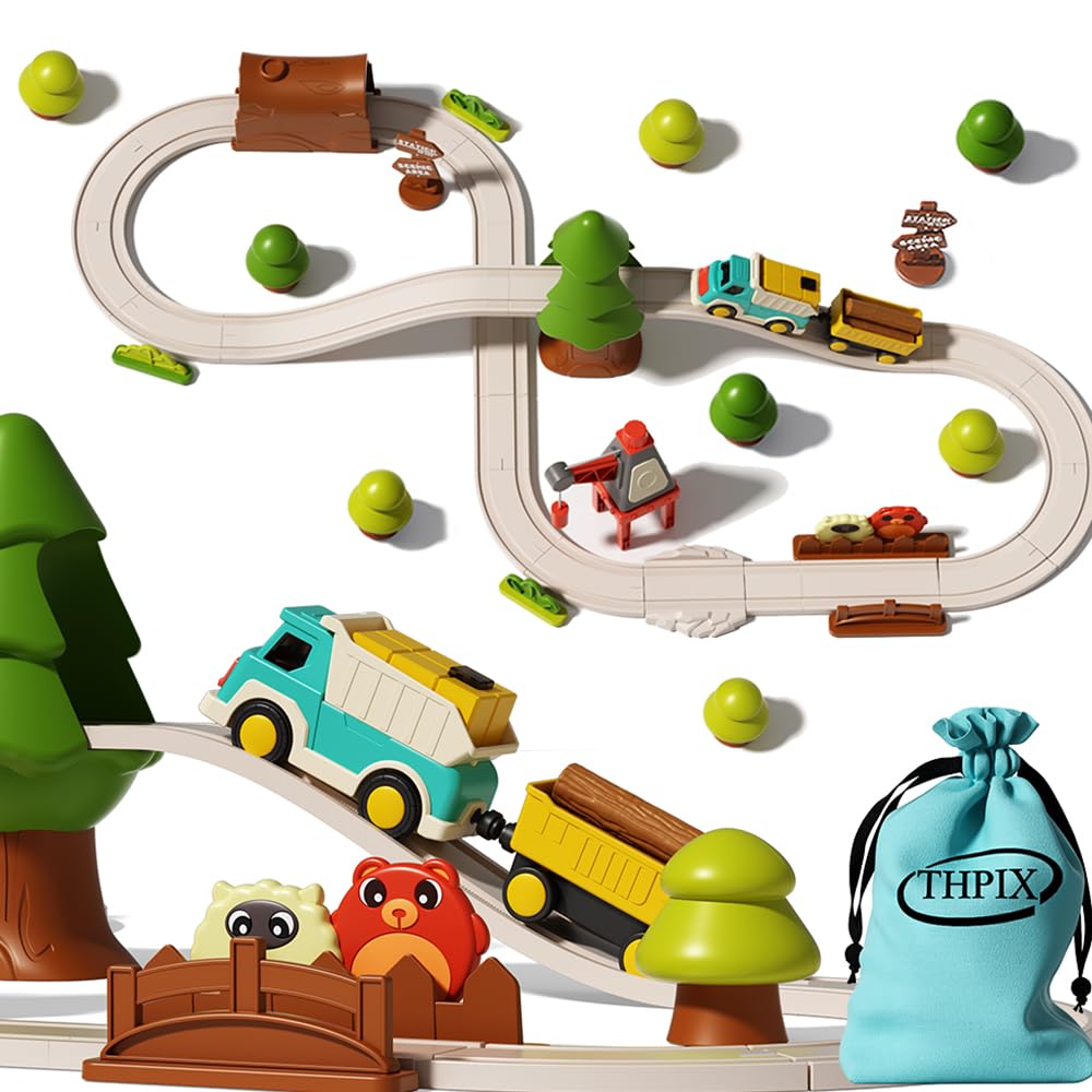 THPIX 37pcs Train Track Set for Toddlers, Forest Theme Kids Motorized Magnetic Train Toy,Train Railway Track Set, Birthday Gifts for 3 4 5 6 7 Year
