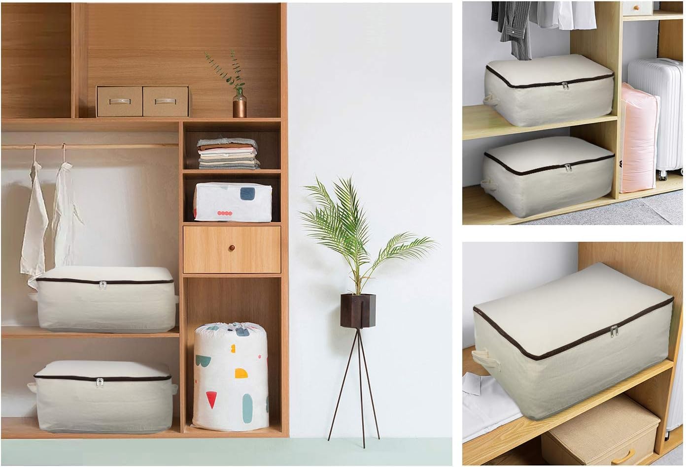 Lot de 3 grands sacs de rangement réutilisables 100 % coton doux pour armoire, placard, chambre à coucher, dortoir universitaire, beige