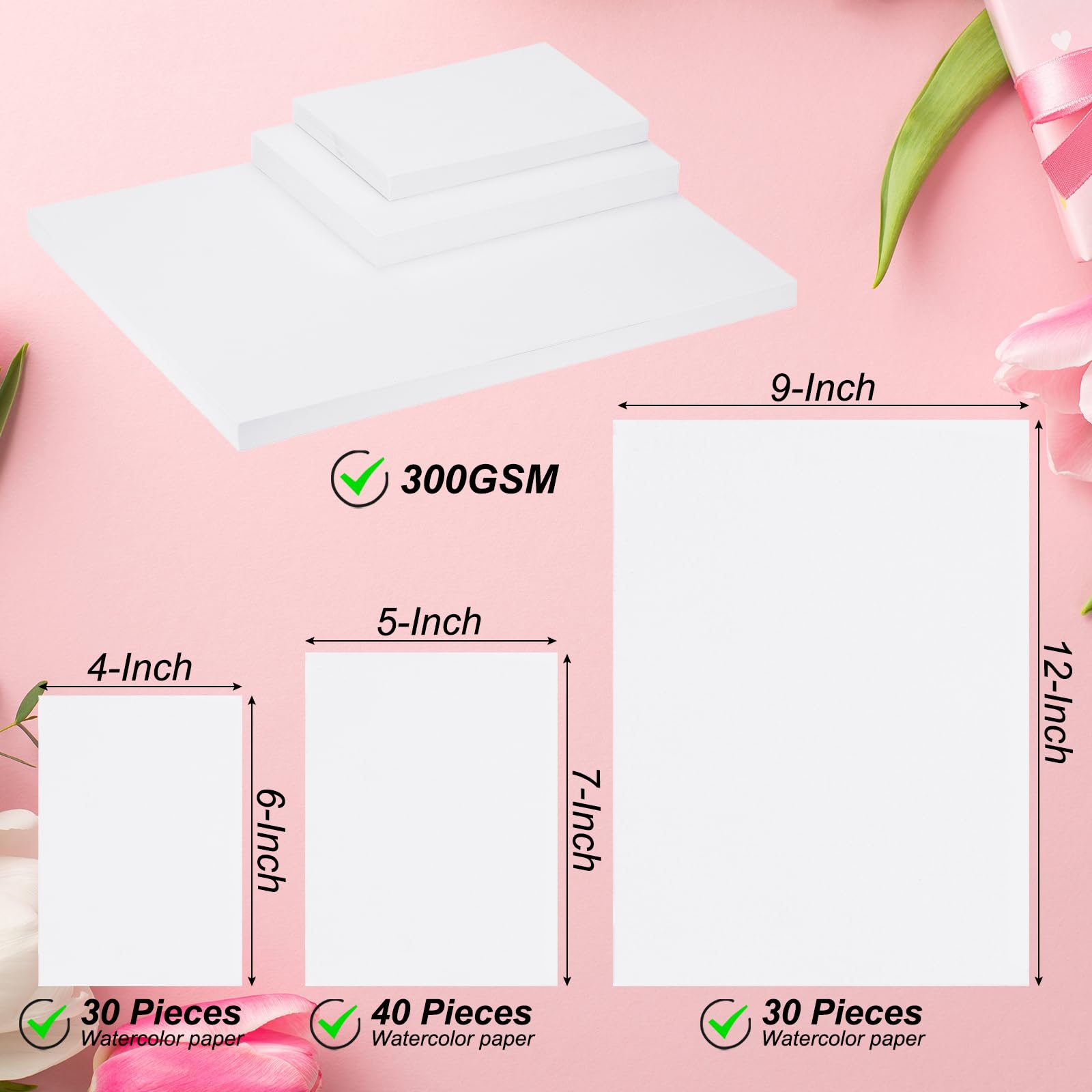 PATIKIL 100 Pcs Pure Cotton Watercolor Paper 140lb/300 GSM Water Coloring Paint Paper for Art Painting Watercolor Drawing Artist, 4x6 Inch 5x7 Inch 9x12 Inch