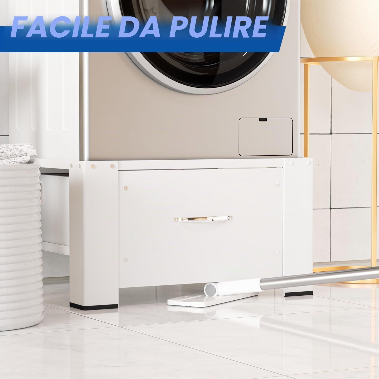 Base per lavatrice con cassetto, 62,5 x 54,5 x 32,5 cm, base per lavatrice, base in acciaio, base per lavatrice fino a 150 kg, colore bianco